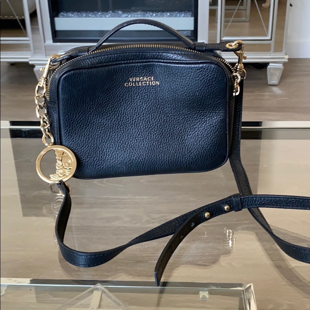 Versace black cross body bag leather gold chain